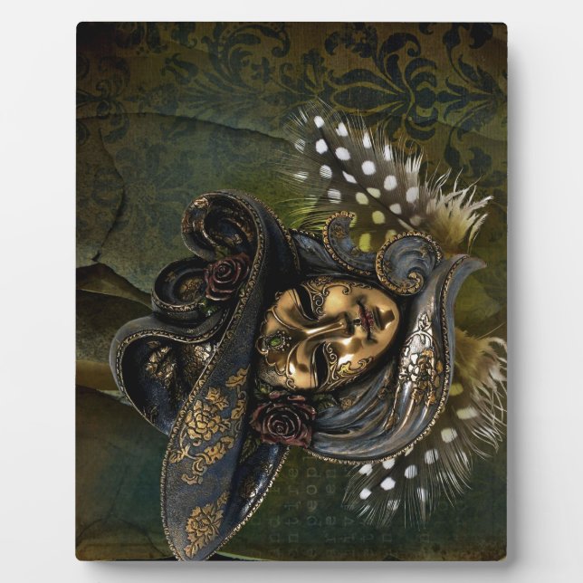 Carnival Mask-Green Damask Photo Plaque (Front)