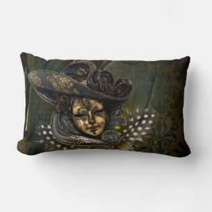 Carnival Mask-Green Damask Throw Pillow