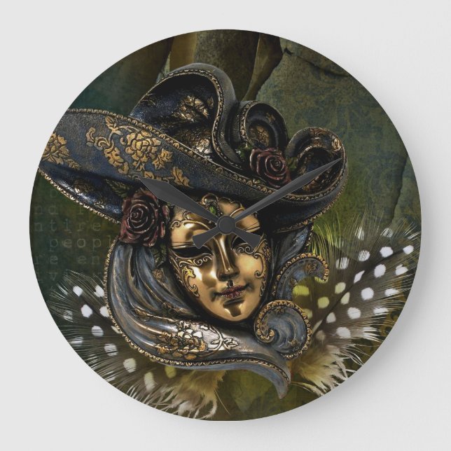 Carnival Mask-Green Damask Wall Clock (Front)