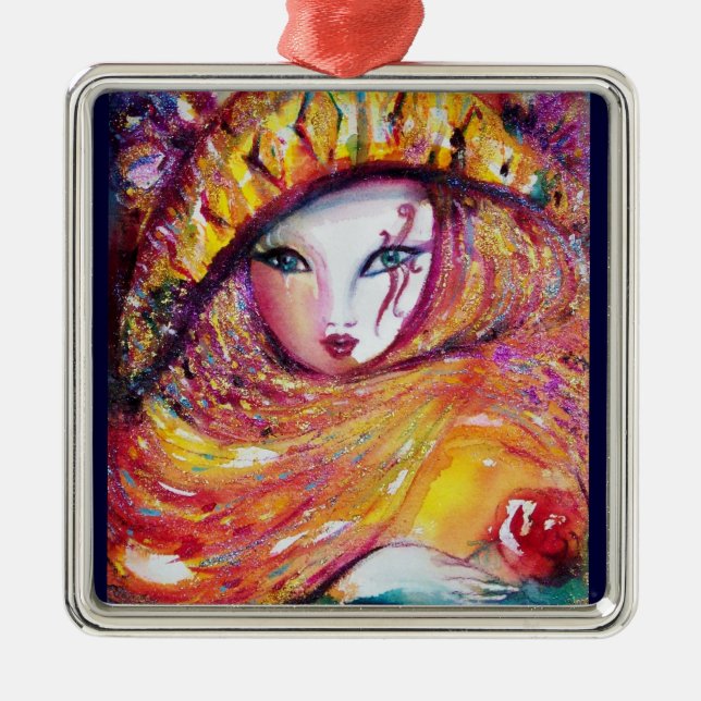 CARNIVAL MASK IN GOLD YELLOW WITH RED ROSE METAL TREE DECORATION (Front)