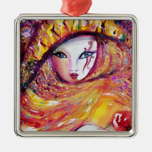 CARNIVAL MASK IN GOLD YELLOW WITH RED ROSE METAL TREE DECORATION (Front)