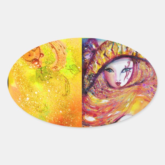 CARNIVAL MASK IN GOLD YELLOW WITH RED ROSE OVAL STICKER (Front)