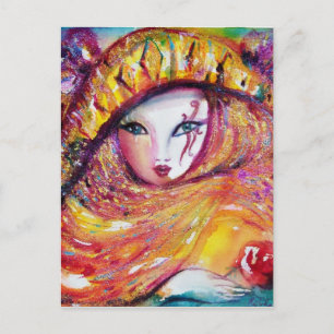 CARNIVAL MASK IN YELLOW WITH RED ROSE POSTCARD