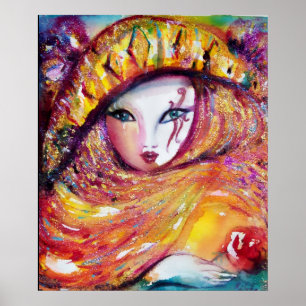 CARNIVAL MASK IN YELLOW WITH RED ROSE POSTER