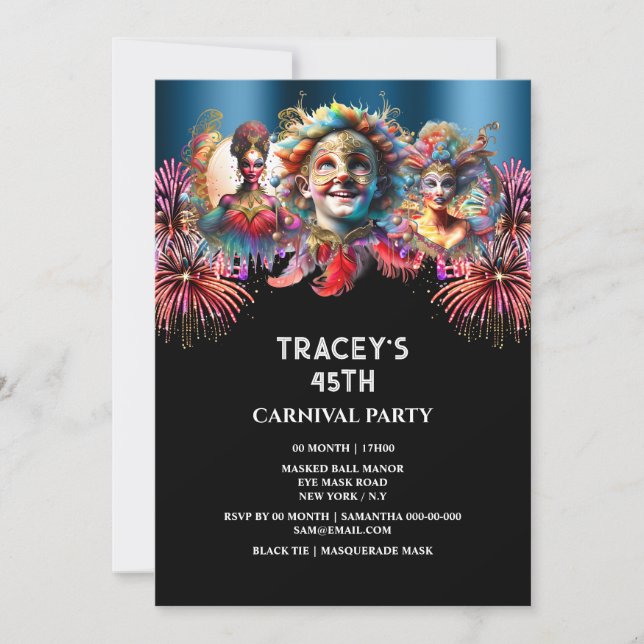 Carnival night circus fireworks masquerade blue invitation (Front)