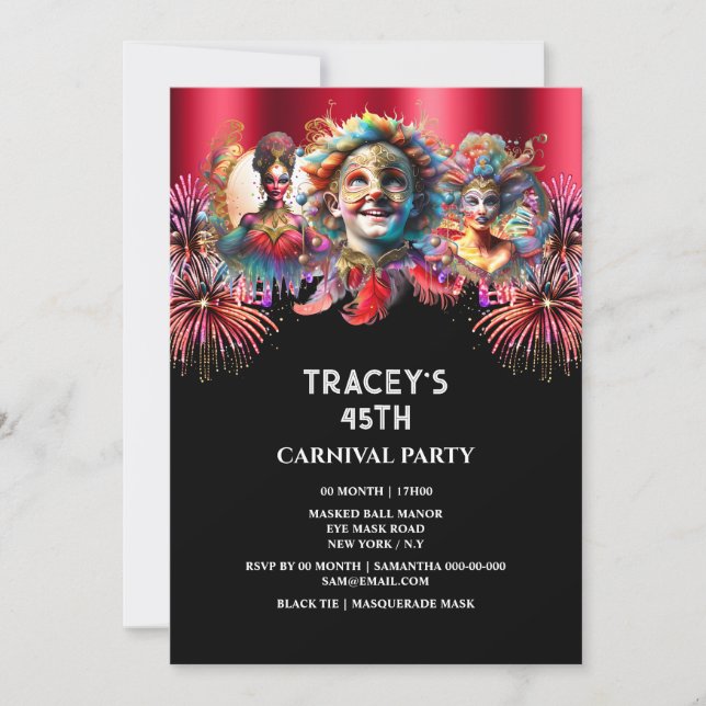 Carnival night circus fireworks masquerade red invitation (Front)