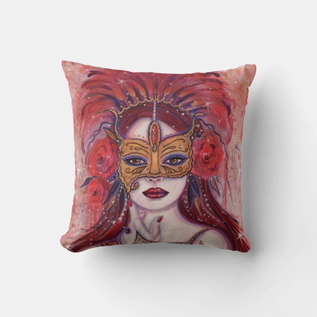 Carnival red fantasy woman in mask by Renee Lavoie Cushion (Front)
