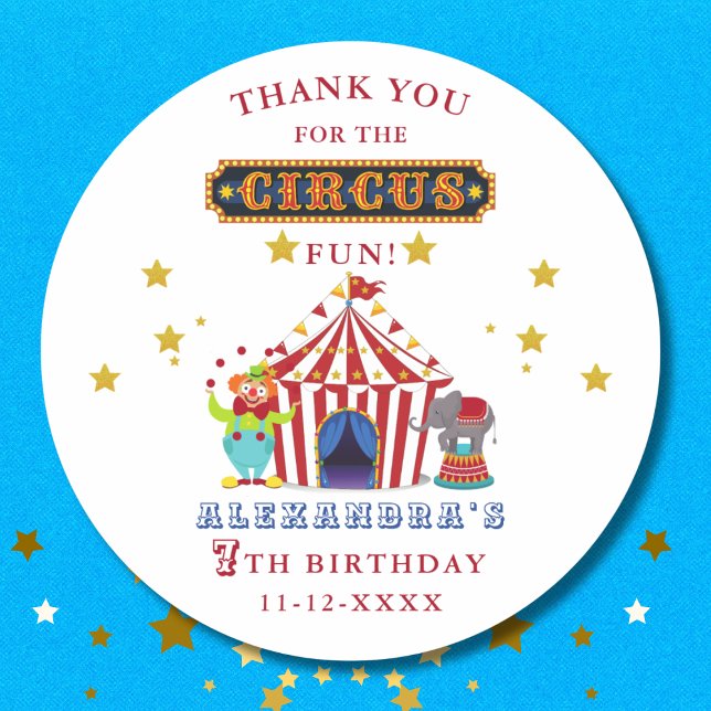 Carnival Red Stripes Circus Birthday Thank You Classic Round Sticker (Creator Uploaded)