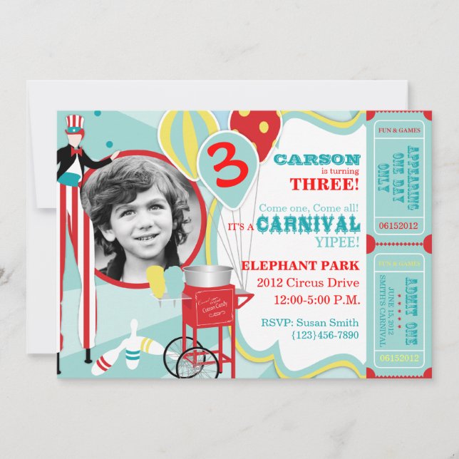 Carnival Stilt Walker & Cotton Candy Birthday Invitation (Front)