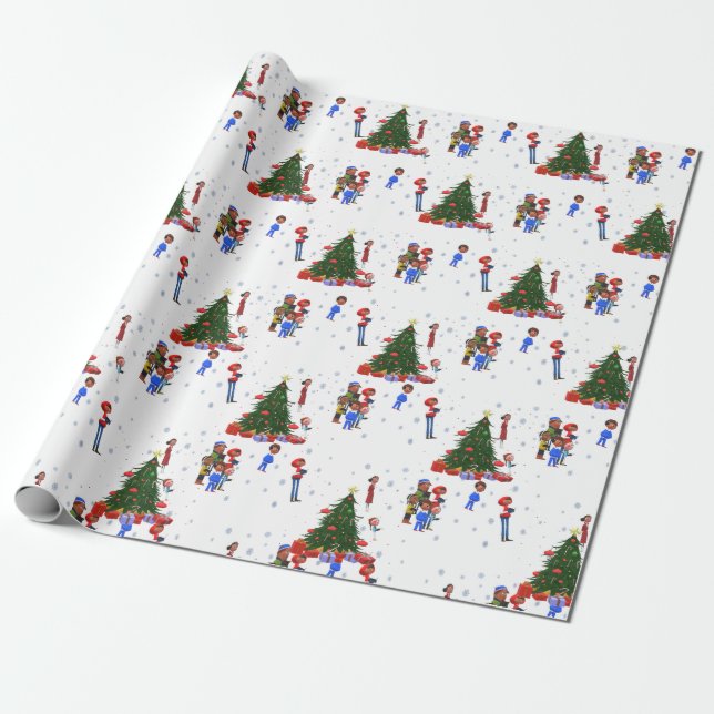 Carolers and Christmas Trees Wrapping Paper (Unrolled)