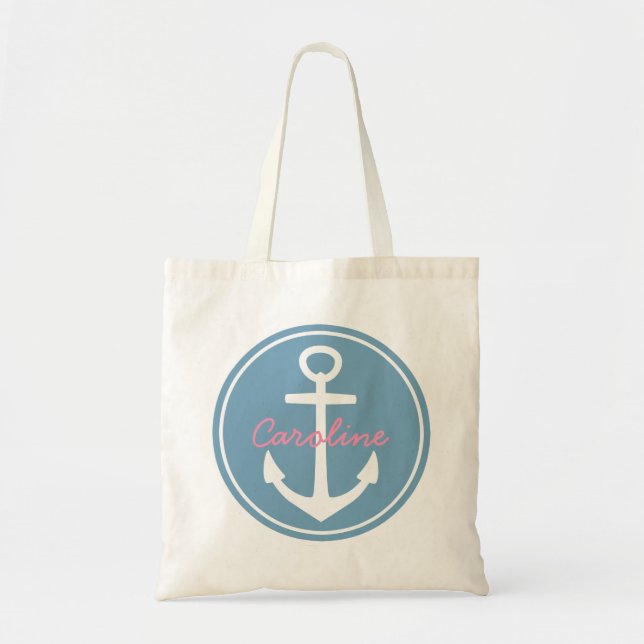 Carolina Blue and White Anchor with Happy Pink Tote Bag (Front)