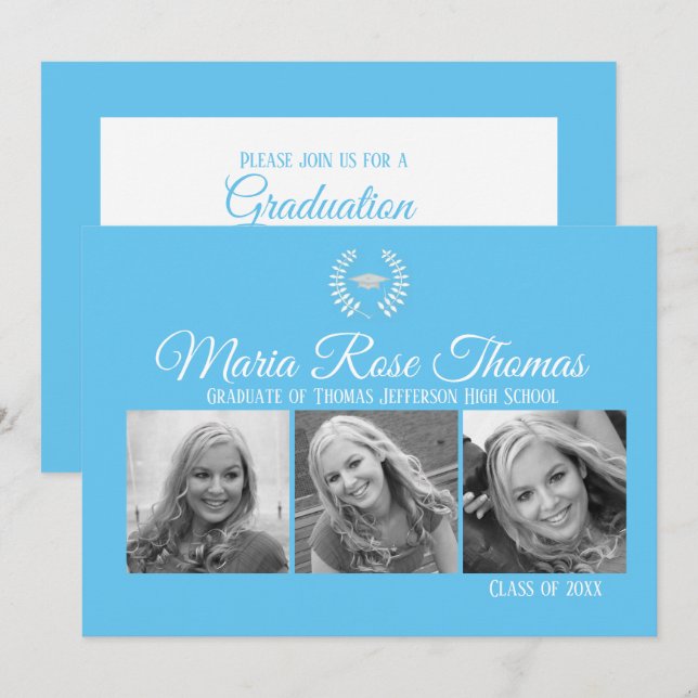 Carolina Blue Cap & Leaves Grad Invitation 5" x 7" (Front/Back)