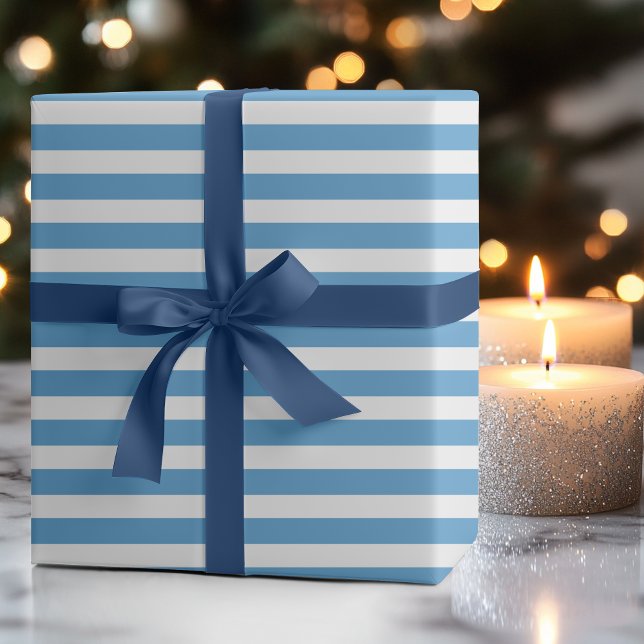 Carolina Blue White Simple Horizontal Striped Wrapping Paper (Creator Uploaded)