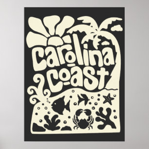 Carolina Coast Beach Vintage Retro Palm Tree Ocean Poster