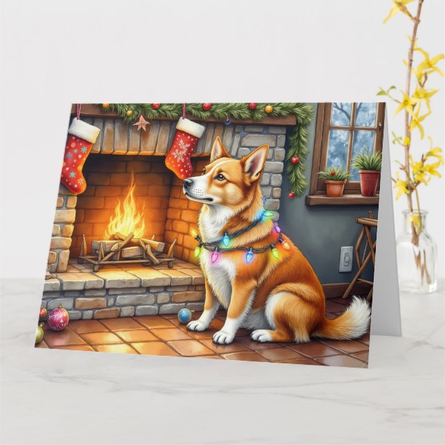Carolina Dog Fireplace with Christmas Lights Card (Yellow Flower)