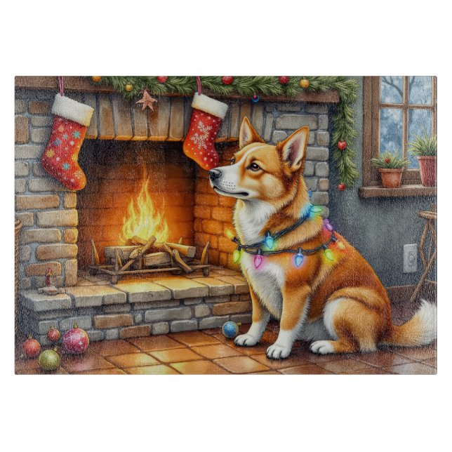 Carolina Dog Fireplace with Christmas Lights Cutting Board (Front)
