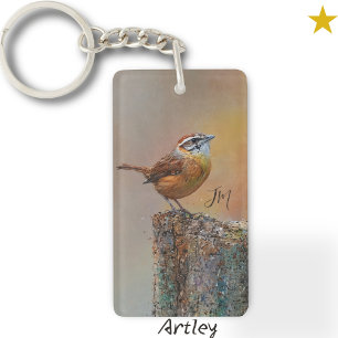 Carolina Wren Bird Painting Custom Initial Birder  Key Ring