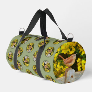 Carolina Wren on Fence Painting Original Bird Art Duffle Bag
