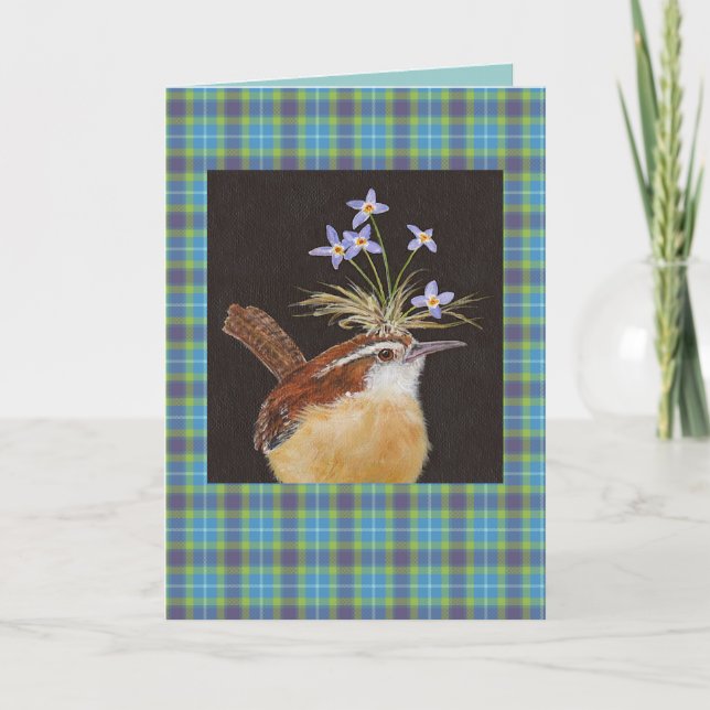 Carolina wren with bluets on plaid card (Front)