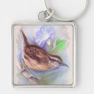 Carolina Wren with Morning Glory Flowers Key Ring