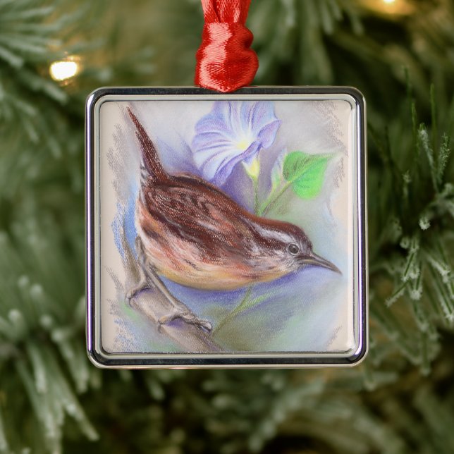 Carolina Wren with Morning Glory Flowers Metal Tree Decoration (Tree)