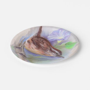 Carolina Wren with Morning Glory Flowers Paper Plate