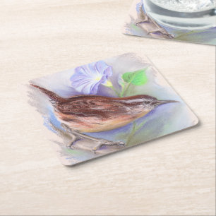 Carolina Wren with Morning Glory Flowers Square Paper Coaster