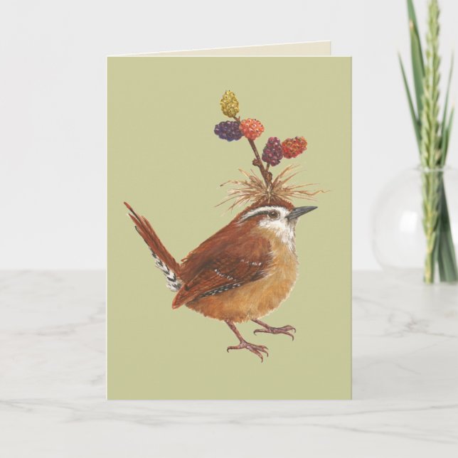 Carolina wren with mulberries card (Front)