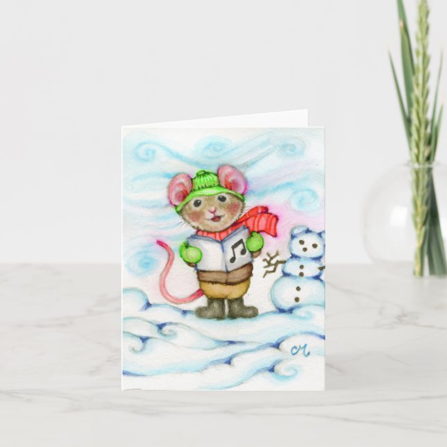 Caroling Christmas Mouse Cute Animal Greeting Card (Front)
