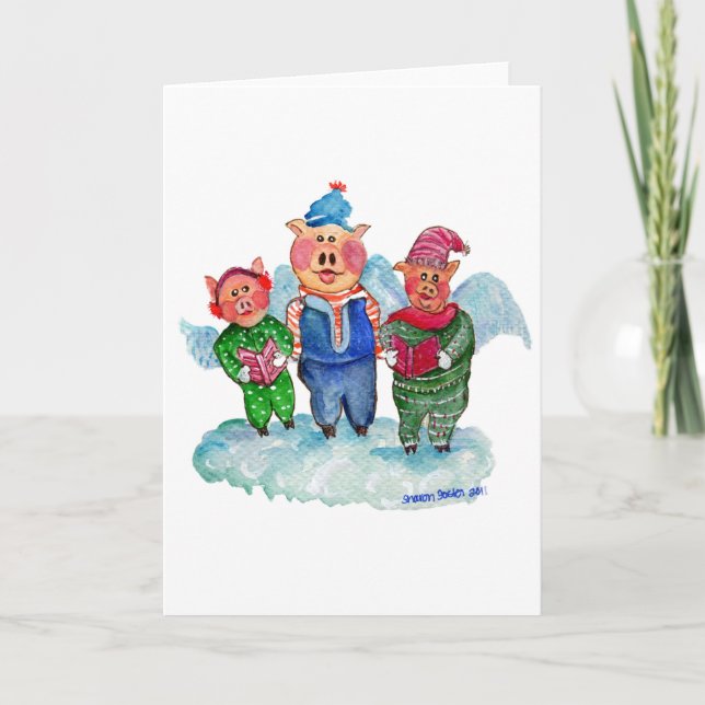 Caroling Flying Pigs Holiday Card (Front)