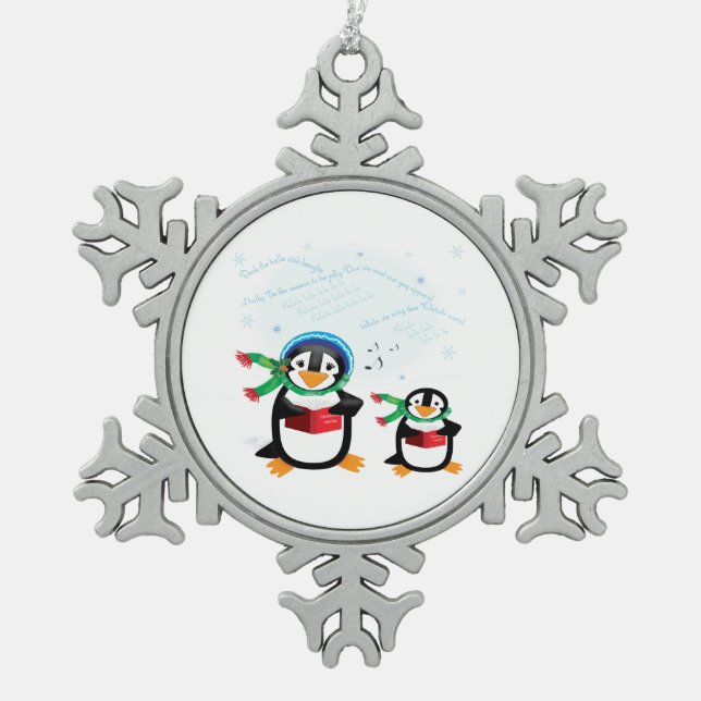Caroling Penguins Snowflake Pewter Christmas Ornament (Front)