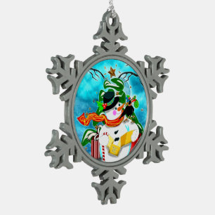 Caroling Snowman Snowflake Pewter Christmas Ornament