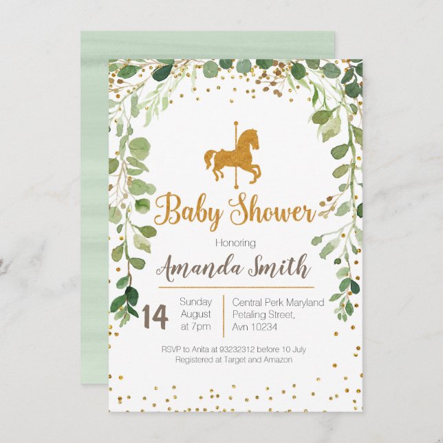 Carousel Baby Shower invitation Greenery (Front/Back)