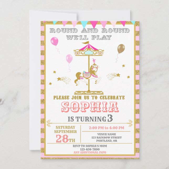 Carousel birthday invitation Carnival park party (Front)