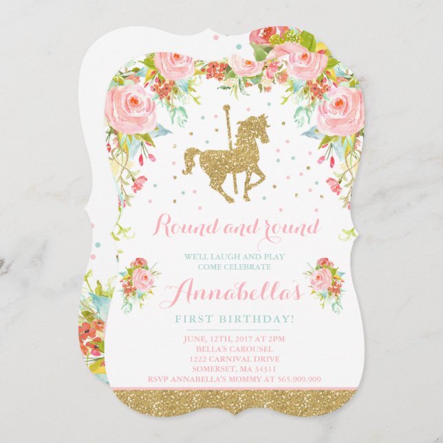 Carousel Birthday Invitation Floral Pink Mint Gold (Front/Back)