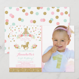 Carousel Birthday Invitation Floral Pink Mint Gold