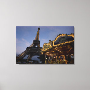 Carousel by the Eiffel Tower in the evening, Canvas Print