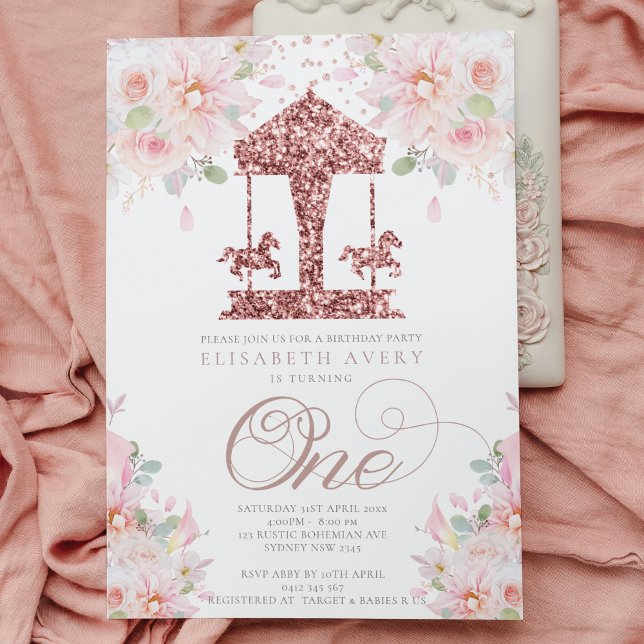Carousel Floral Glitter First Birthday Invitation (Creator Uploaded)