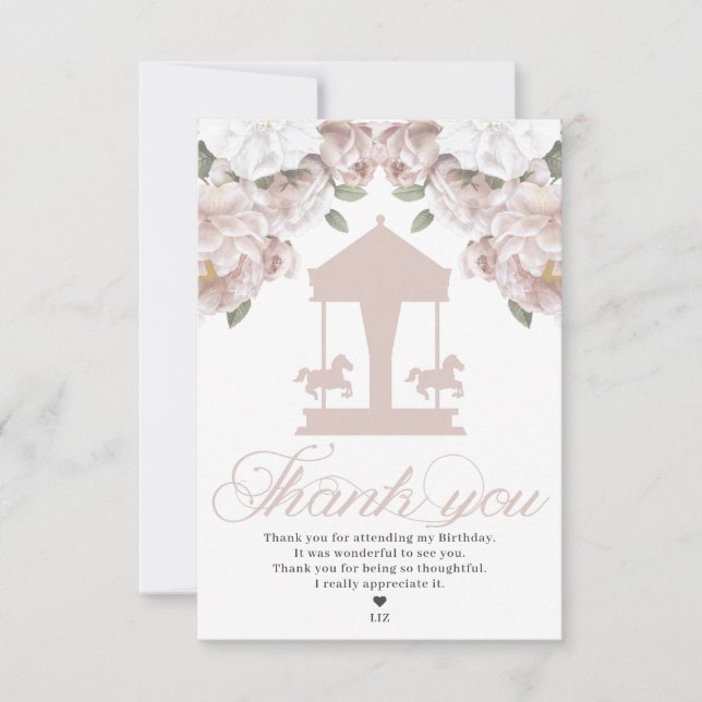 Carousel Floral Soft Pink Birthday Thank You Card (Front)