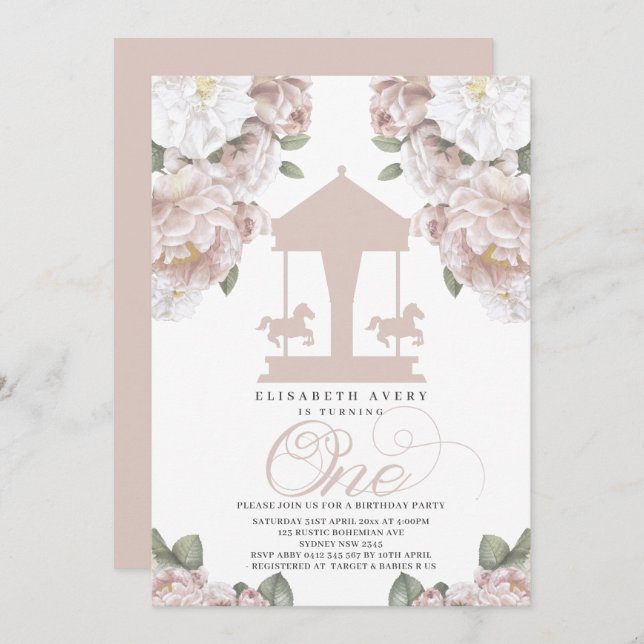 Carousel Floral Soft Pink First Birthday Invitation (Front/Back)