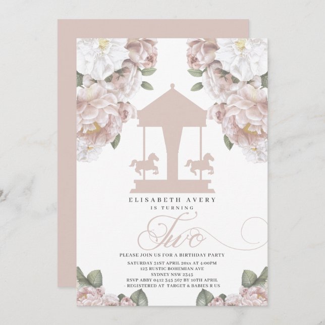 Carousel Floral Soft Pink Second Birthday Invitation (Front/Back)