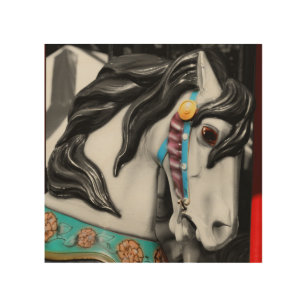 Carousel Horse Black And White Partial Colour    Wood Wall Art