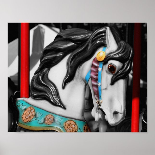 Carousel Horse Black White Partial Colour Poster (Front)