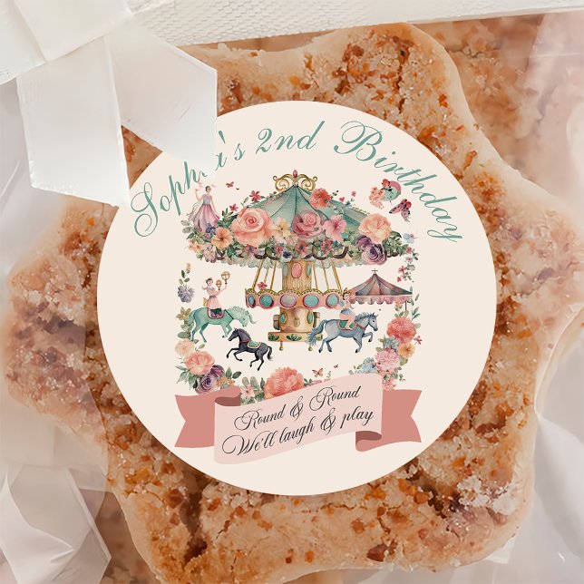Carousel Horse Carnival Birthday Party Classic Round Sticker (Creator Uploaded)