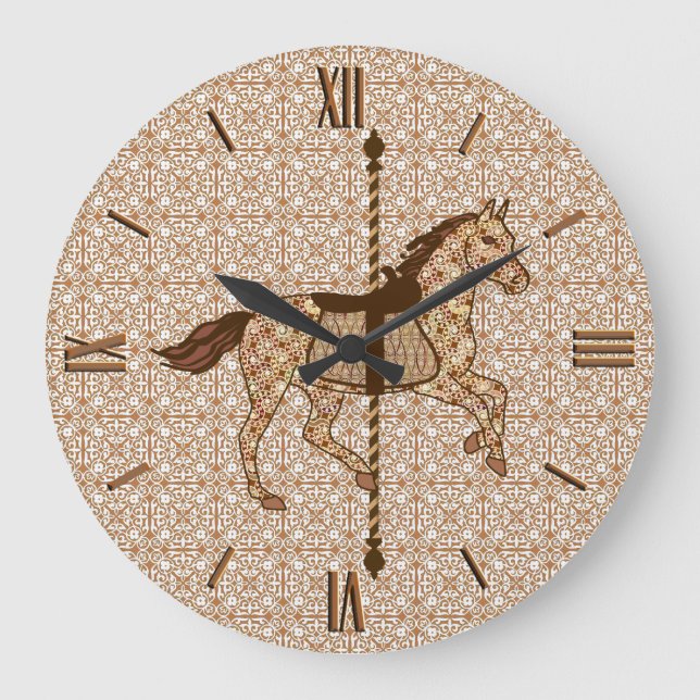 Carousel Horse - Chocolate Brown and Tan Large Clock (Front)