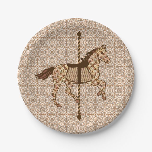 Carousel Horse - Chocolate Brown and Tan Paper Plate (Front)