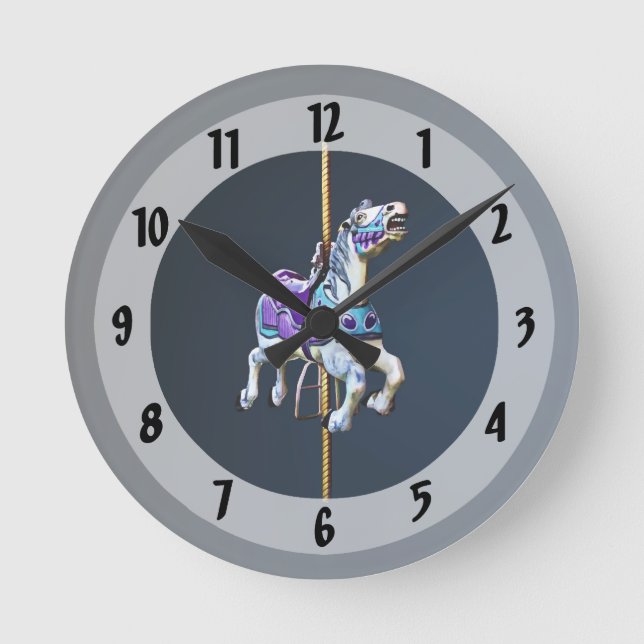 Carousel Horse Dressed in Lavender and Blue Round Clock (Front)