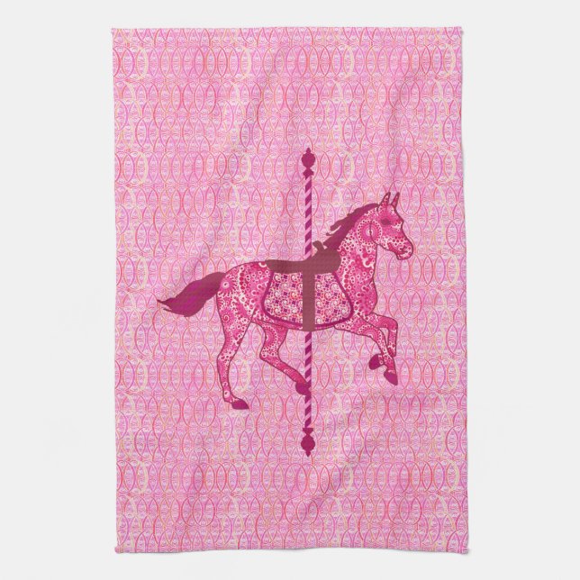 Carousel Horse - Fuchsia Pink Tea Towel (Vertical)