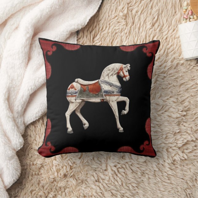 Carousel Horse Red Scalloped Border  Cushion (Blanket)