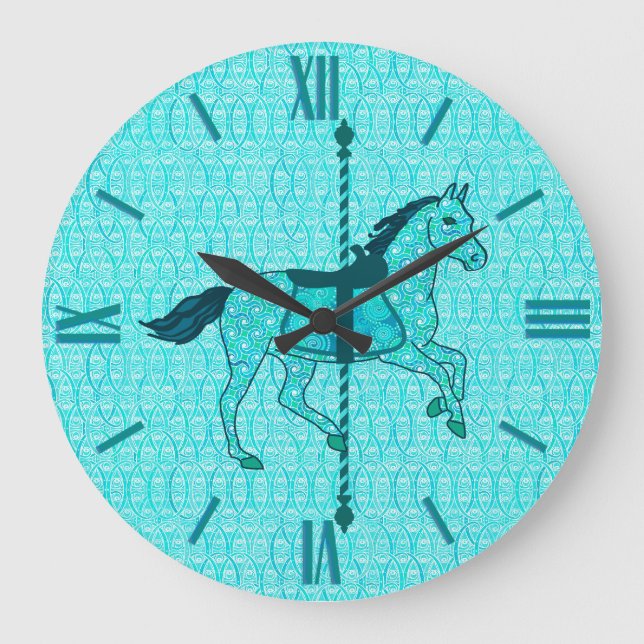 Carousel Horse - Turquoise and Aqua Large Clock (Front)